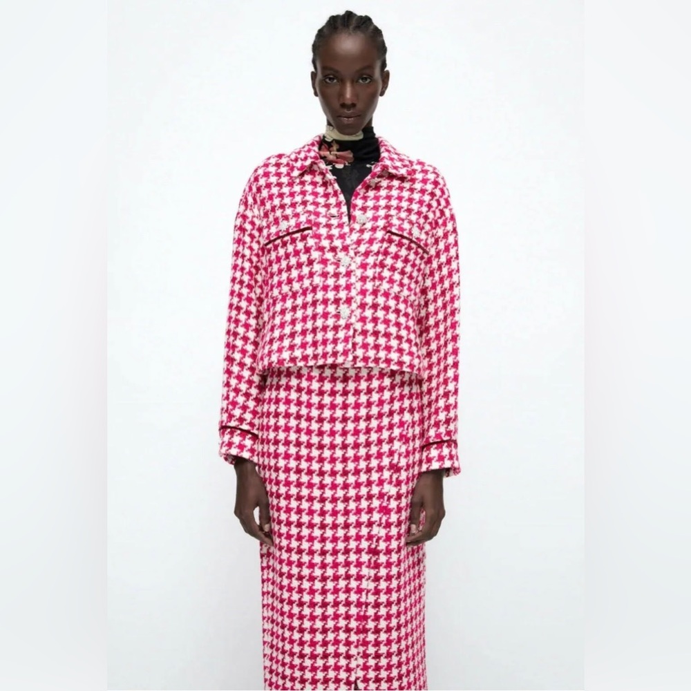 NEW- 2 PC Sets ZARA Textured Weave Houndstooth Skirt & Short Textured Overshirt